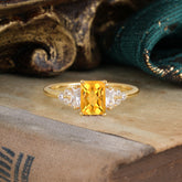 1 Carat Emerald Cut Citrine Engagement Ring Classic Side Stone Wedding Ring